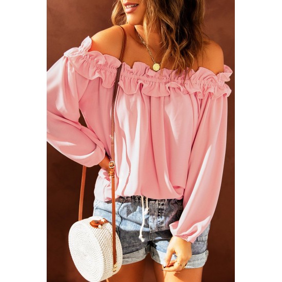 Pink Puff Sleeve Ruffled Off Shoulder Blouse