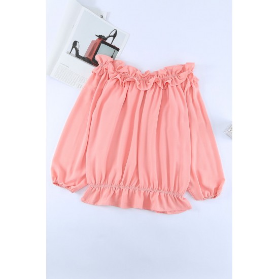 Pink Puff Sleeve Ruffled Off Shoulder Blouse