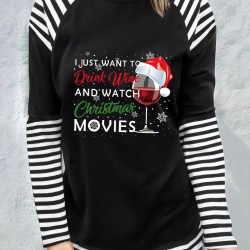 Christmas Graphic Print Striped Splicing Long Sleeve Top