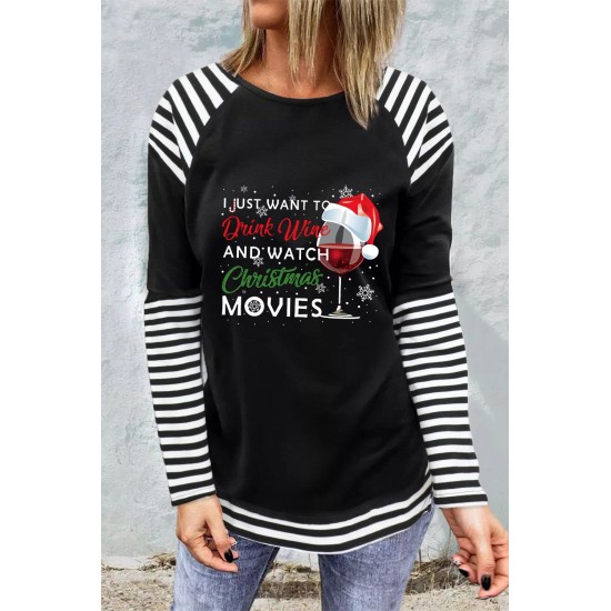 Christmas Graphic Print Striped Splicing Long Sleeve Top