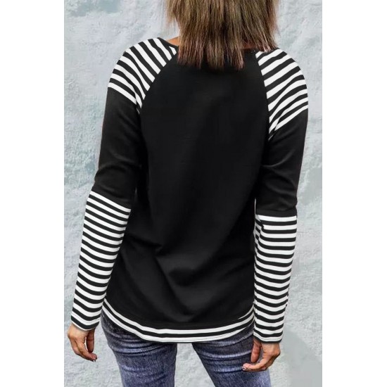 Christmas Graphic Print Striped Splicing Long Sleeve Top