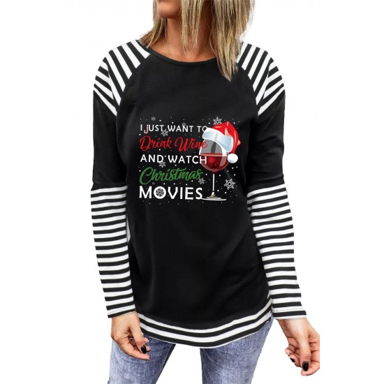 Christmas Graphic Print Striped Splicing Long Sleeve Top