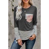 Stripe Pocket Sequins Splicing Long Sleeve O-neck Top