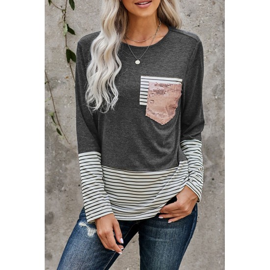 Stripe Pocket Sequins Splicing Long Sleeve O-neck Top