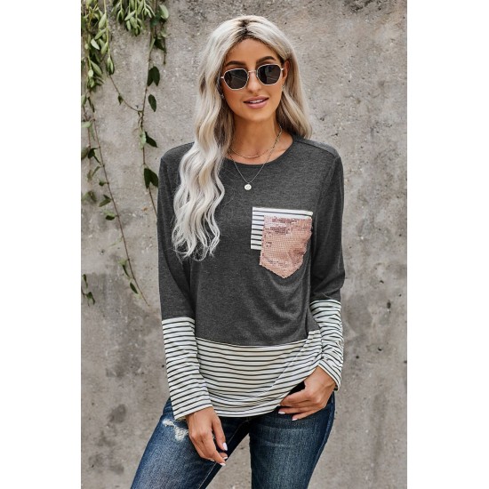 Stripe Pocket Sequins Splicing Long Sleeve O-neck Top