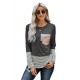 Stripe Pocket Sequins Splicing Long Sleeve O-neck Top