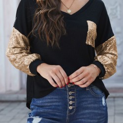 Sequin Splicing Black V Neck Bishop Sleeves Top