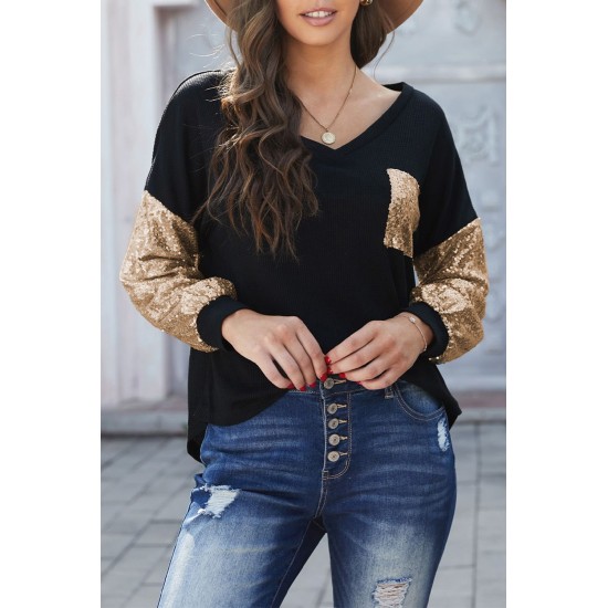 Sequin Splicing Black V Neck Bishop Sleeves Top