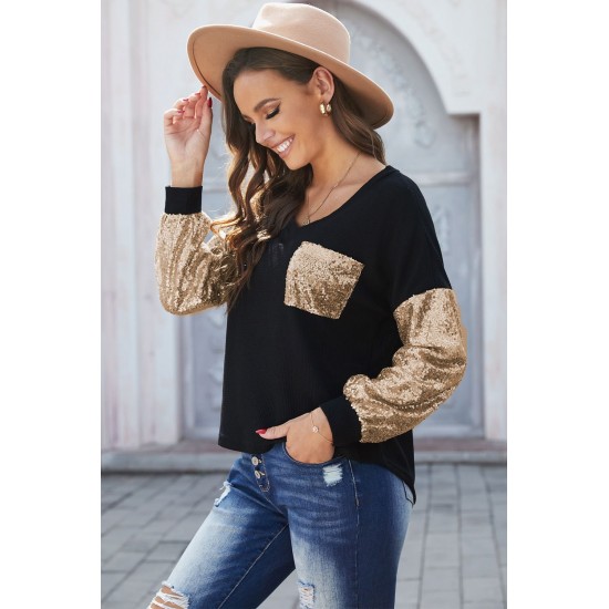 Sequin Splicing Black V Neck Bishop Sleeves Top