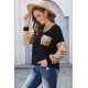 Sequin Splicing Black V Neck Bishop Sleeves Top