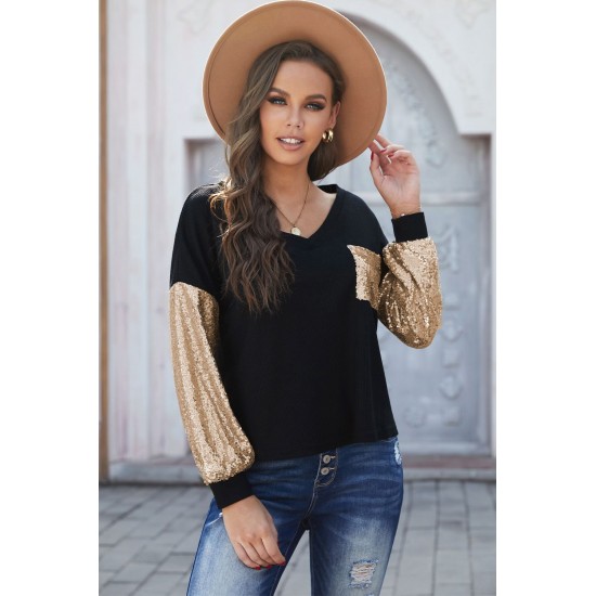 Sequin Splicing Black V Neck Bishop Sleeves Top