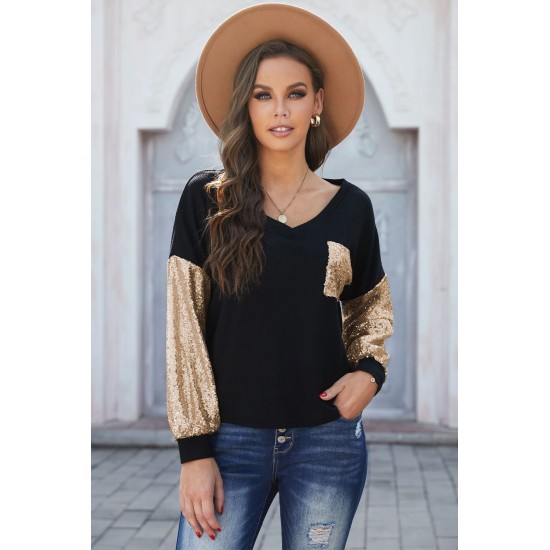 Sequin Splicing Black V Neck Bishop Sleeves Top