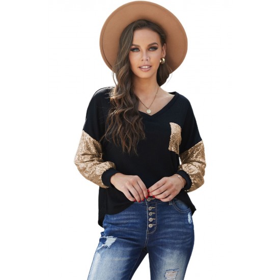 Sequin Splicing Black V Neck Bishop Sleeves Top