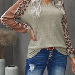 Mocha Leopard Print Waffle Knit Long Sleeve Top