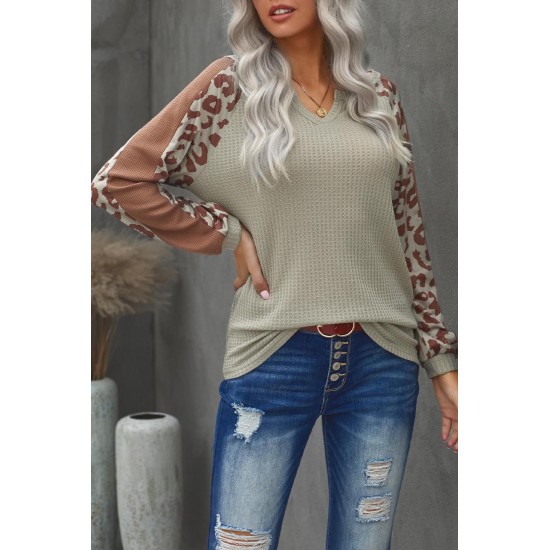 Mocha Leopard Print Waffle Knit Long Sleeve Top