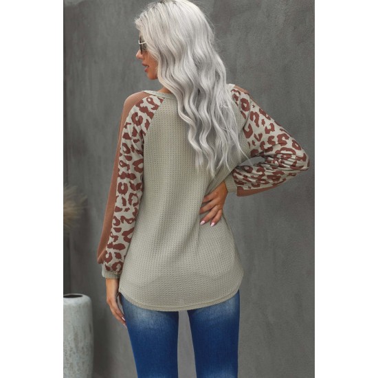 Mocha Leopard Print Waffle Knit Long Sleeve Top