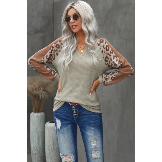 Mocha Leopard Print Waffle Knit Long Sleeve Top