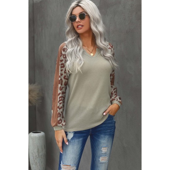 Mocha Leopard Print Waffle Knit Long Sleeve Top