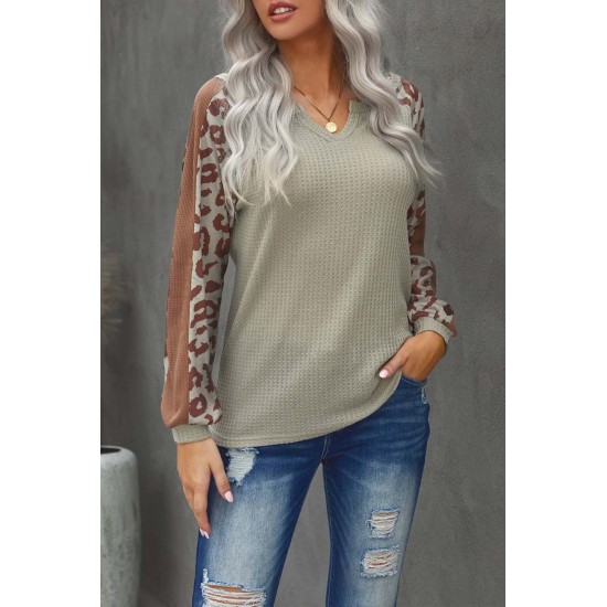 Mocha Leopard Print Waffle Knit Long Sleeve Top