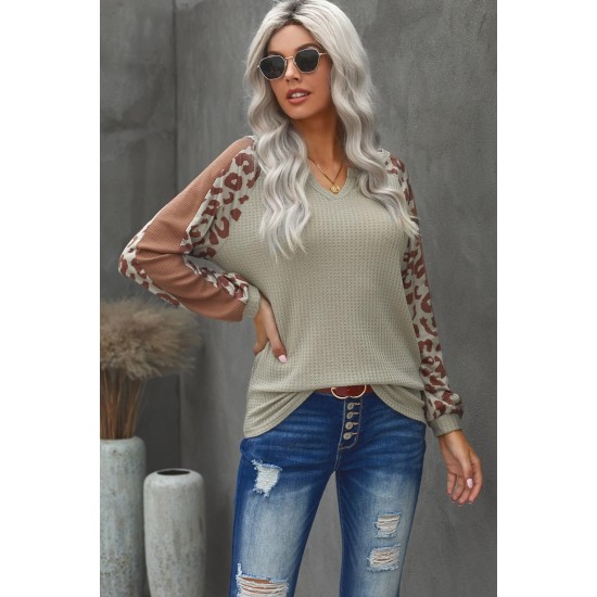 Mocha Leopard Print Waffle Knit Long Sleeve Top