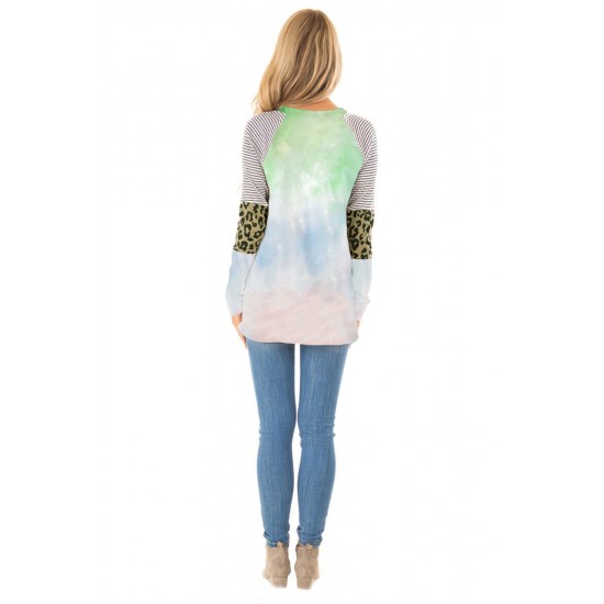 Green Tie-dyed Striped and Leopard Long Sleeves Top