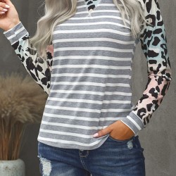 Gray Ombre Leopard Print Stripe Splice Long Sleeve Top