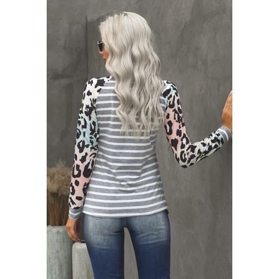 Gray Ombre Leopard Print Stripe Splice Long Sleeve Top