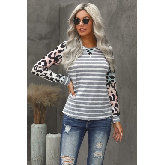 Gray Ombre Leopard Print Stripe Splice Long Sleeve Top