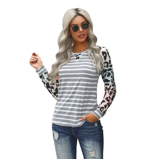 Gray Ombre Leopard Print Stripe Splice Long Sleeve Top