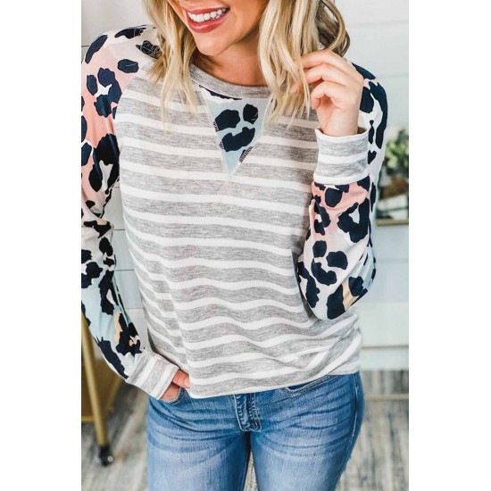 Gray Ombre Leopard Print Stripe Splice Long Sleeve Top