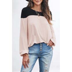 Apricot Round Neck Long Sleeve Color Block Tunic Top