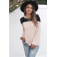 Apricot Round Neck Long Sleeve Color Block Tunic Top