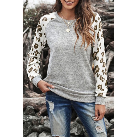 Gray Round Neck Leopard Long Sleeve Top