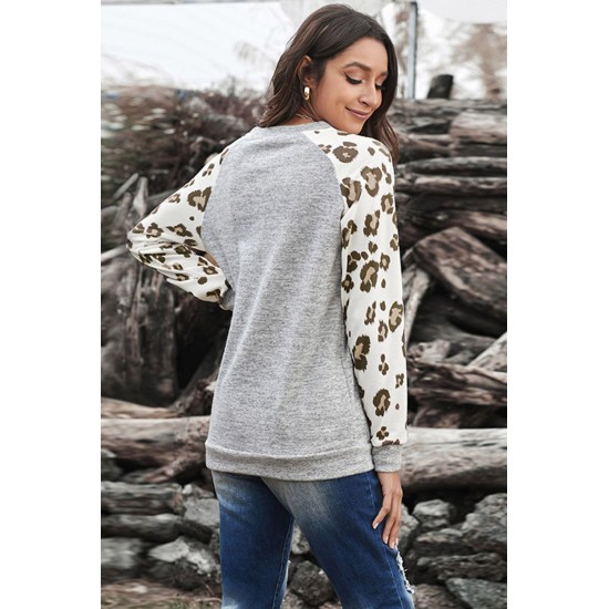 Gray Round Neck Leopard Long Sleeve Top