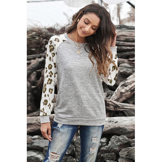 Gray Round Neck Leopard Long Sleeve Top