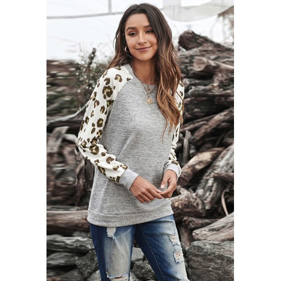 Gray Round Neck Leopard Long Sleeve Top