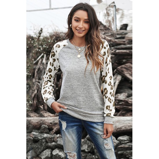 Gray Round Neck Leopard Long Sleeve Top