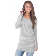 Black Pinstriped Button Detail Long Sleeve Top