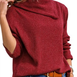 Burgundy Asymmetric Cowl Neck Ribbed Knit Top