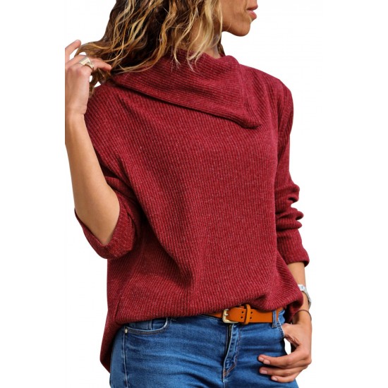 Burgundy Asymmetric Cowl Neck Ribbed Knit Top