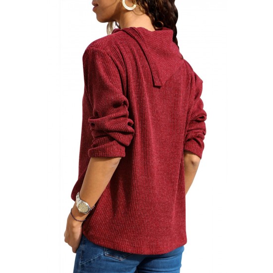 Burgundy Asymmetric Cowl Neck Ribbed Knit Top