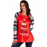 Red Letter Print Striped Long Sleeve T-shirt