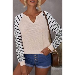 Animal Striped Sleeve Patchwork Waffle Knit Top