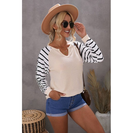 Animal Striped Sleeve Patchwork Waffle Knit Top