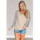 Animal Striped Sleeve Patchwork Waffle Knit Top