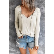 V Neck Drawstring Long Sleeve T-shirt