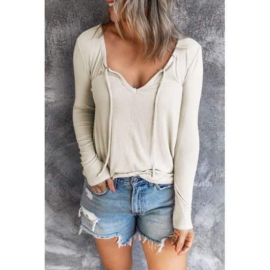 V Neck Drawstring Long Sleeve T-shirt