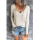 V Neck Drawstring Long Sleeve T-shirt