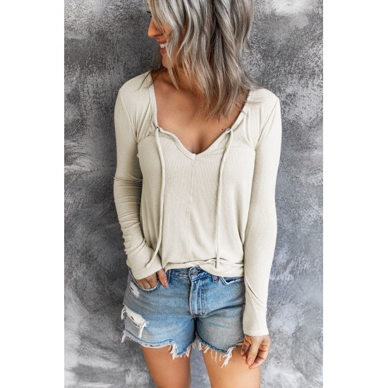 V Neck Drawstring Long Sleeve T-shirt