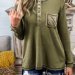 Green Waffle Elbow Patch Buttoned Long Sleeve Top